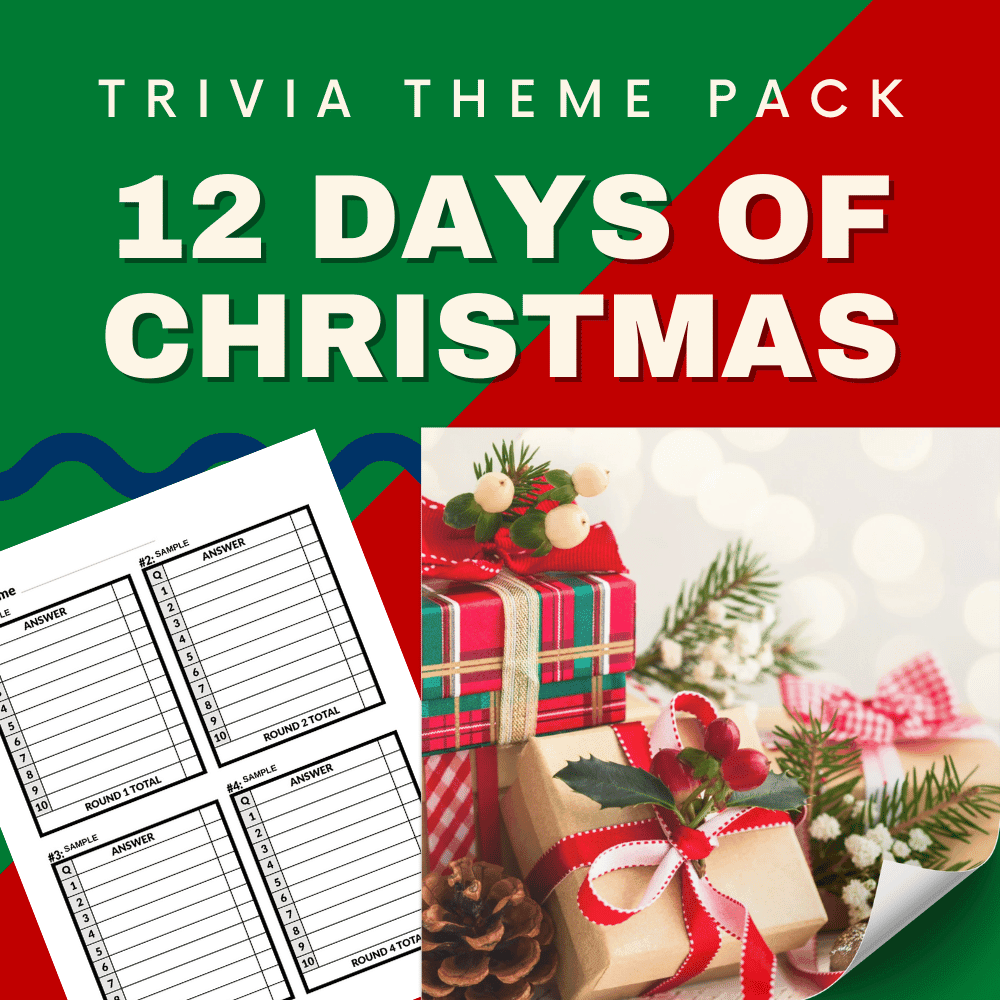 The 12 Days of Christmas Trivia Night Theme Pack – A printable Christmas trivia hard game focusing on the 12 Days of Christmas and its hidden meanings.