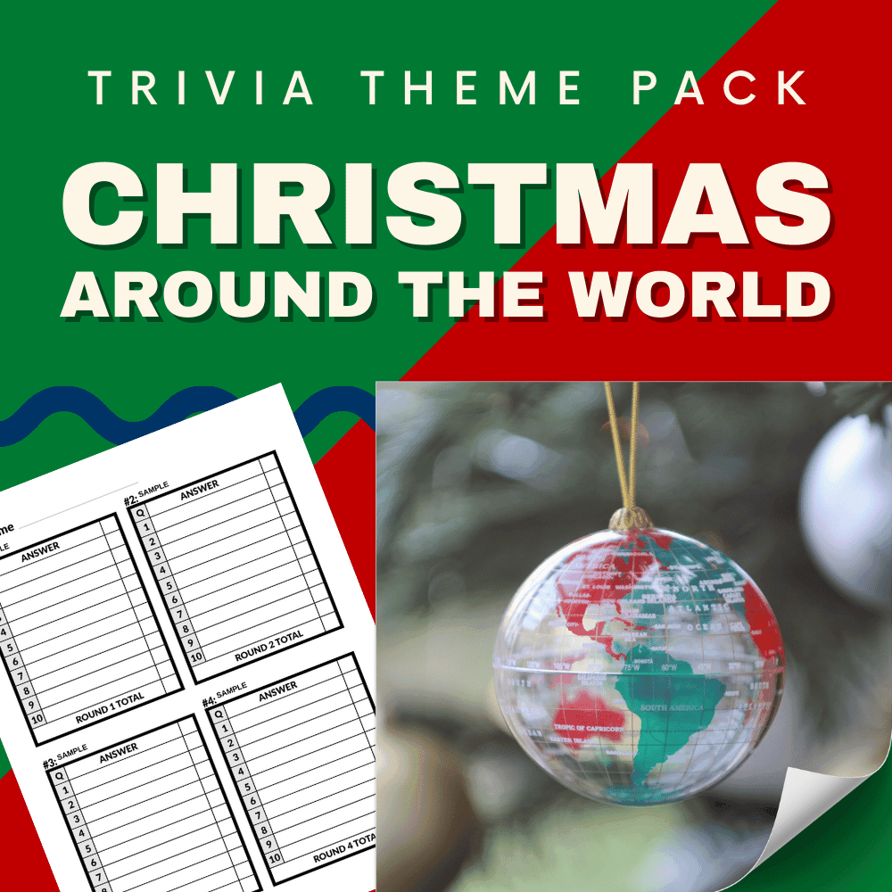 Christmas Around the World Trivia Night Theme Pack – Fun xmas quiz exploring global holiday traditions with Christmas trivia questions about unique customs. Downloadable in PDF & PowerPoint.